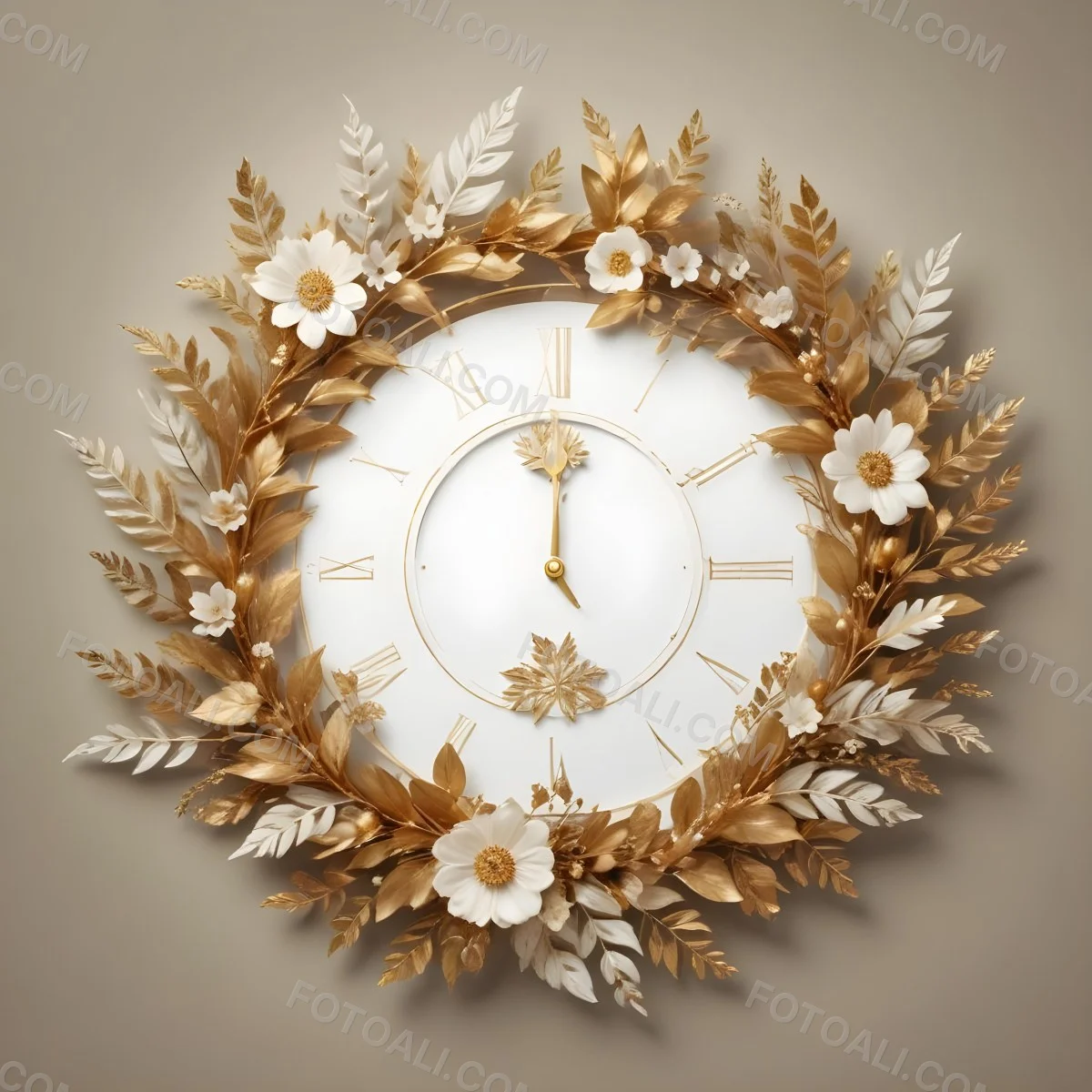 A Decorative Golden Wreath With Leaves And Flowers Surrounding A White Clock Face With Golden Accents 18 6345