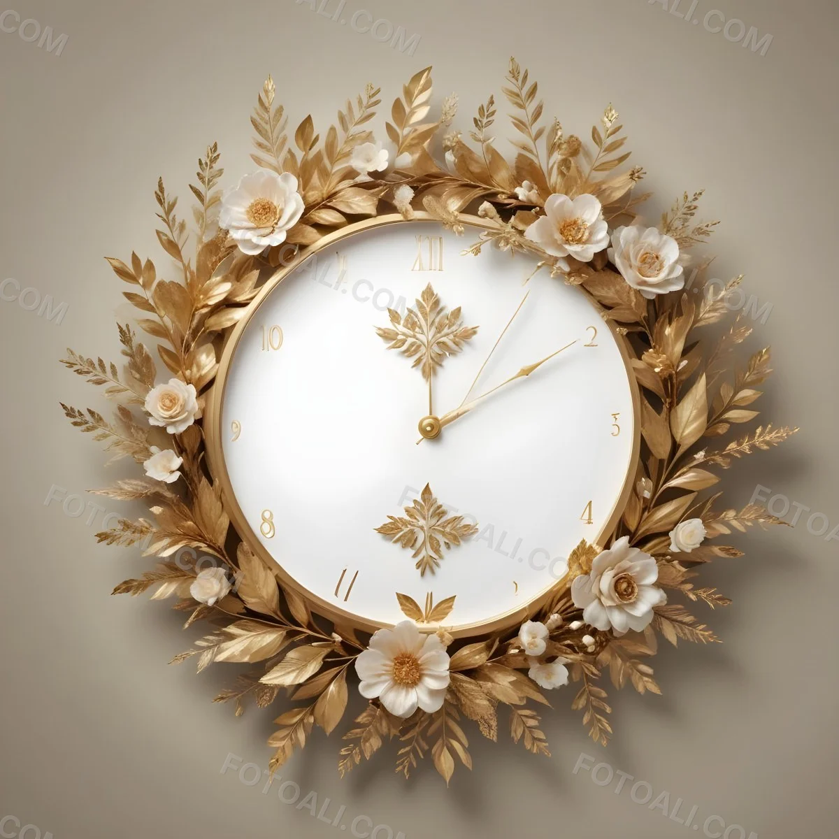 A Decorative Golden Wreath With Leaves And Flowers Surrounding A White Clock Face With Golden Accents 19 Ad97