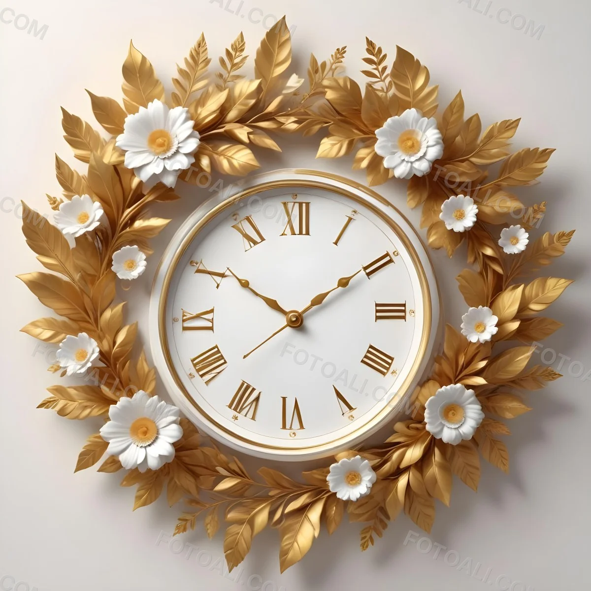 A Decorative Golden Wreath With Leaves And Flowers Surrounding A White Clock Face With Golden Accents 2 9e42