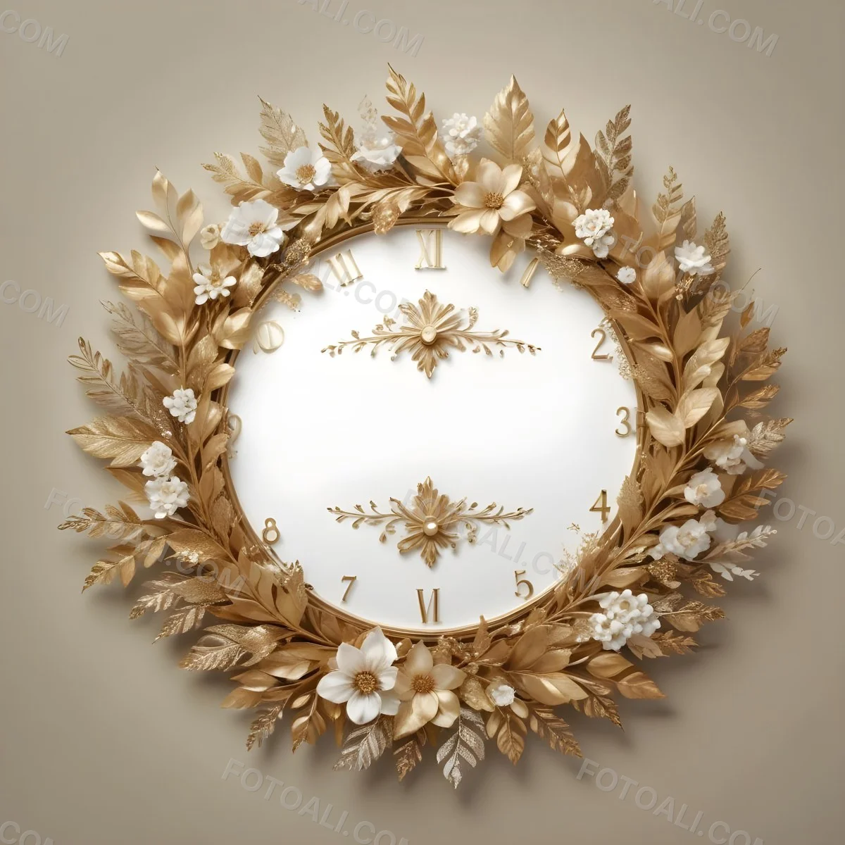 A Decorative Golden Wreath With Leaves And Flowers Surrounding A White Clock Face With Golden Accents 20 73d2