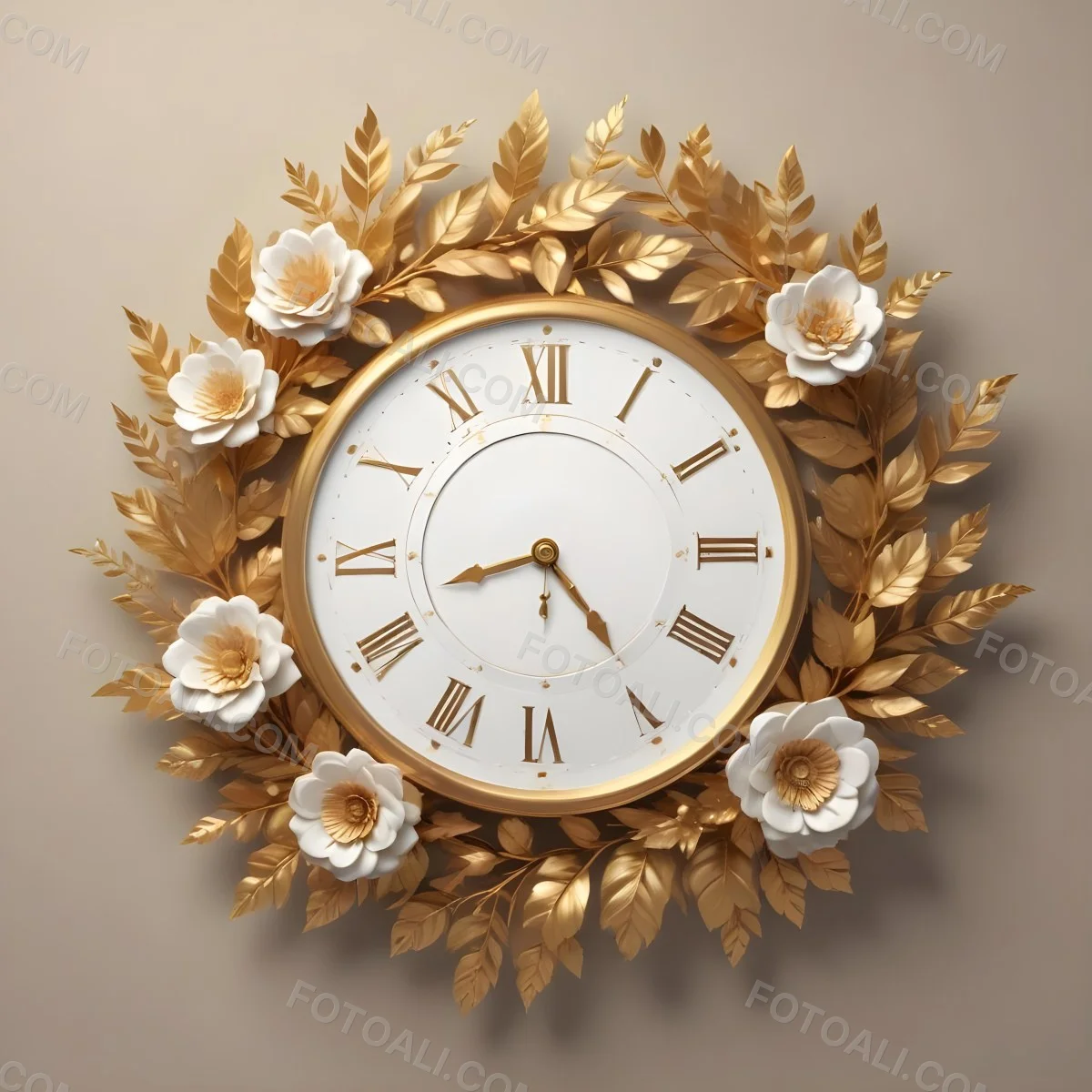 A Decorative Golden Wreath With Leaves And Flowers Surrounding A White Clock Face With Golden Accents 21 De9b