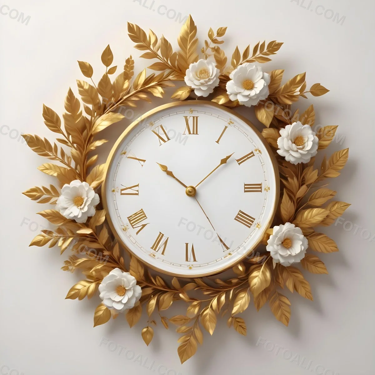 A Decorative Golden Wreath With Leaves And Flowers Surrounding A White Clock Face With Golden Accents 3 Ba17