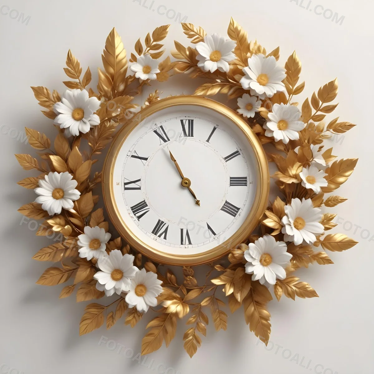 A Decorative Golden Wreath With Leaves And Flowers Surrounding A White Clock Face With Golden Accents 4 5063