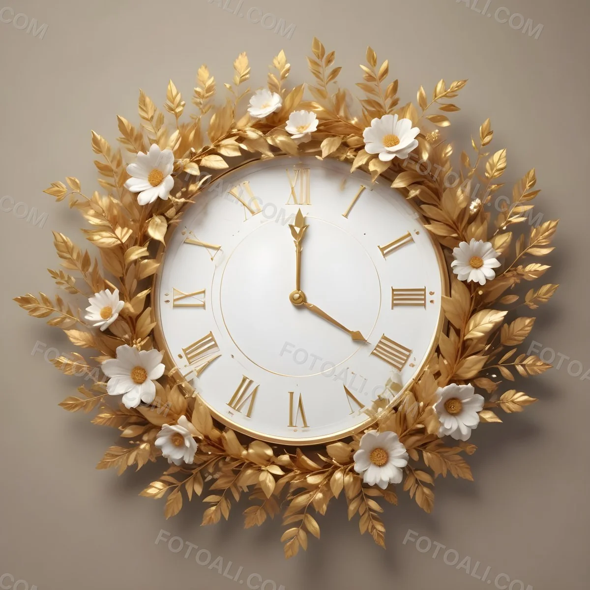 A Decorative Golden Wreath With Leaves And Flowers Surrounding A White Clock Face With Golden Accents 8 9890
