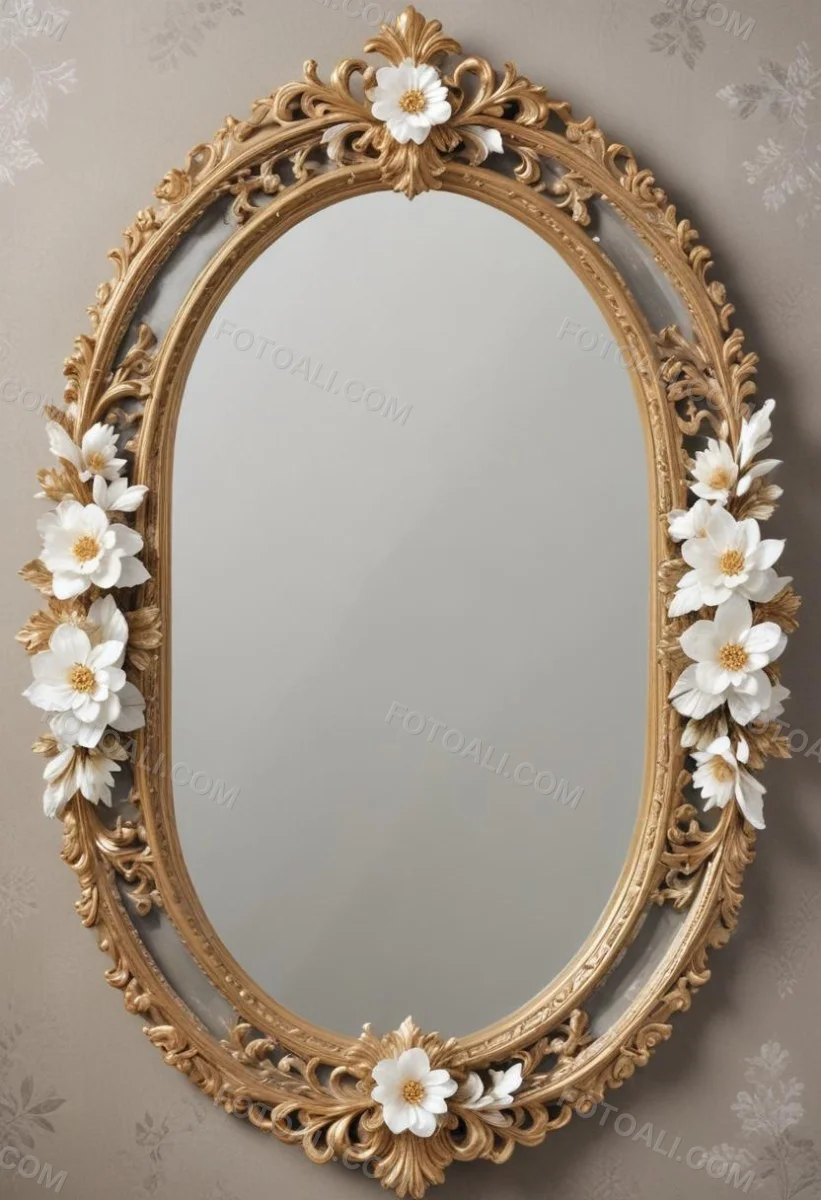 A Decorative Oval Mirror Frame With A Golden Ornate Design And White Flowers Around The Edges 1 4a06