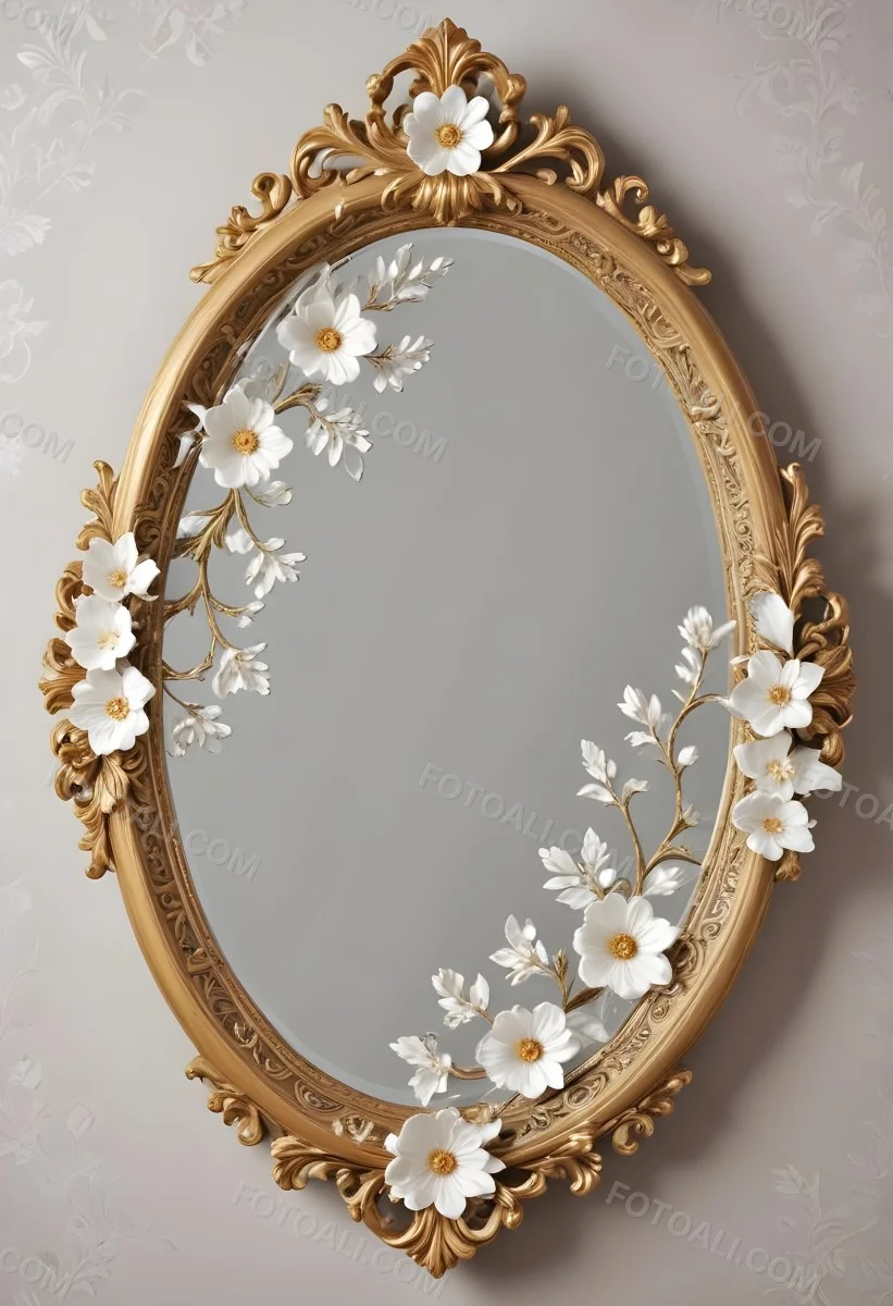 A Decorative Oval Mirror Frame With A Golden Ornate Design And White Flowers Around The Edges 11 A44d