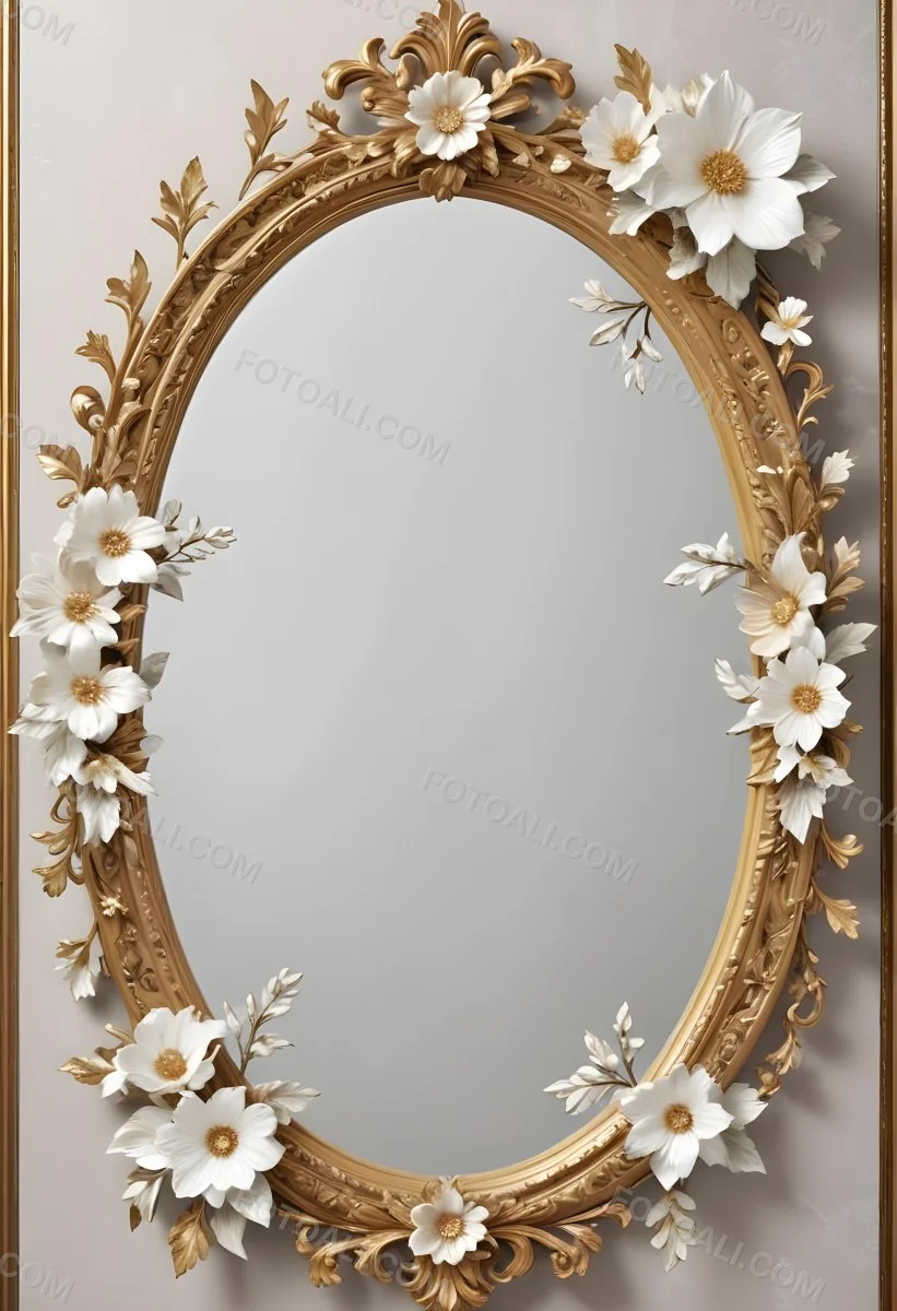 A Decorative Oval Mirror Frame With A Golden Ornate Design And White Flowers Around The Edges 15 B18a