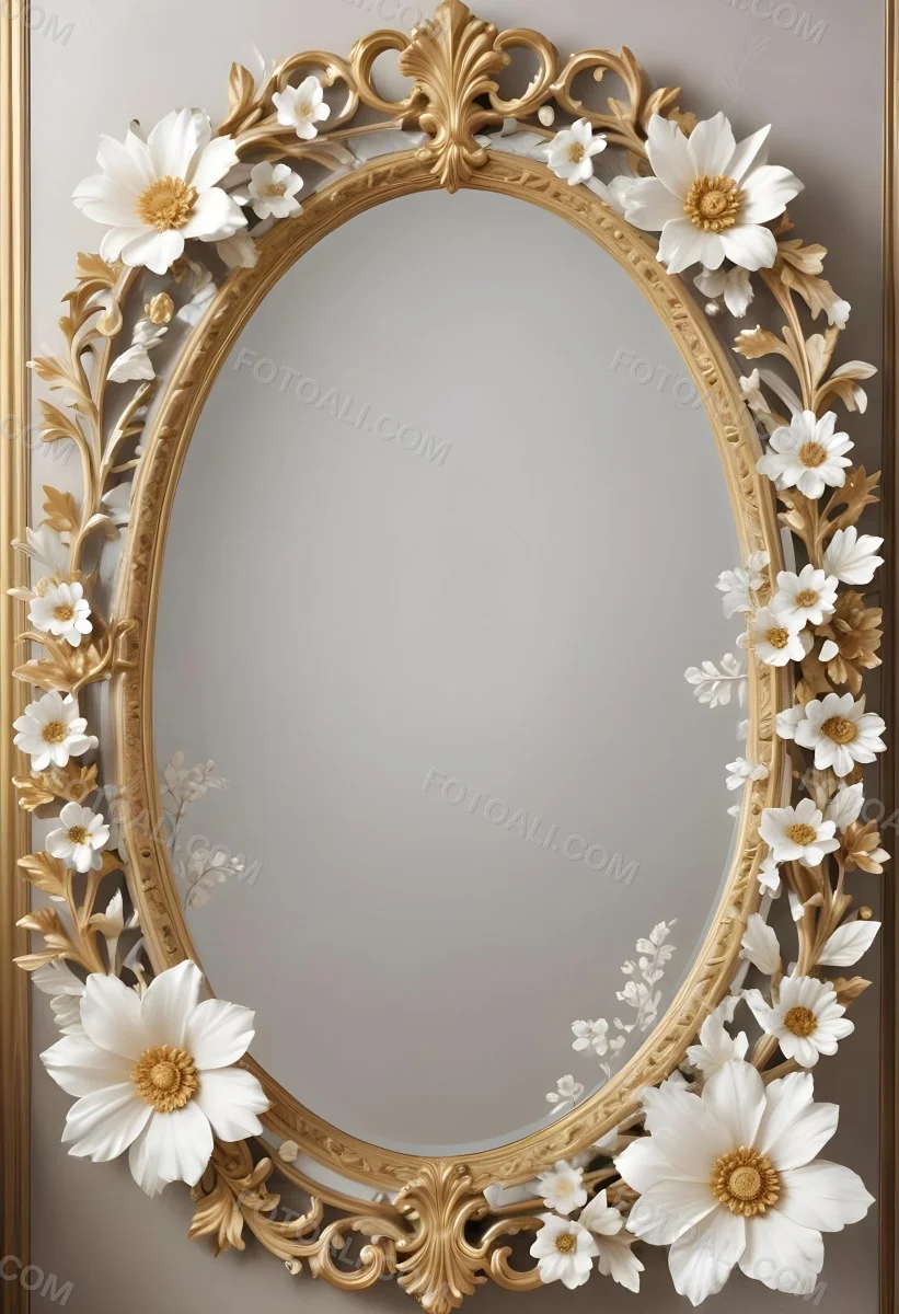 A Decorative Oval Mirror Frame With A Golden Ornate Design And White Flowers Around The Edges 19 3db2