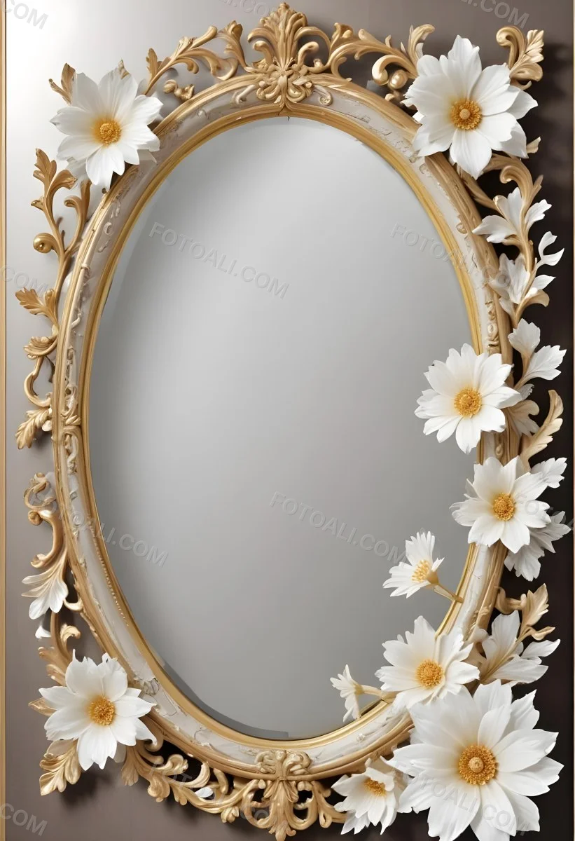 A Decorative Oval Mirror Frame With A Golden Ornate Design And White Flowers Around The Edges 20 4117
