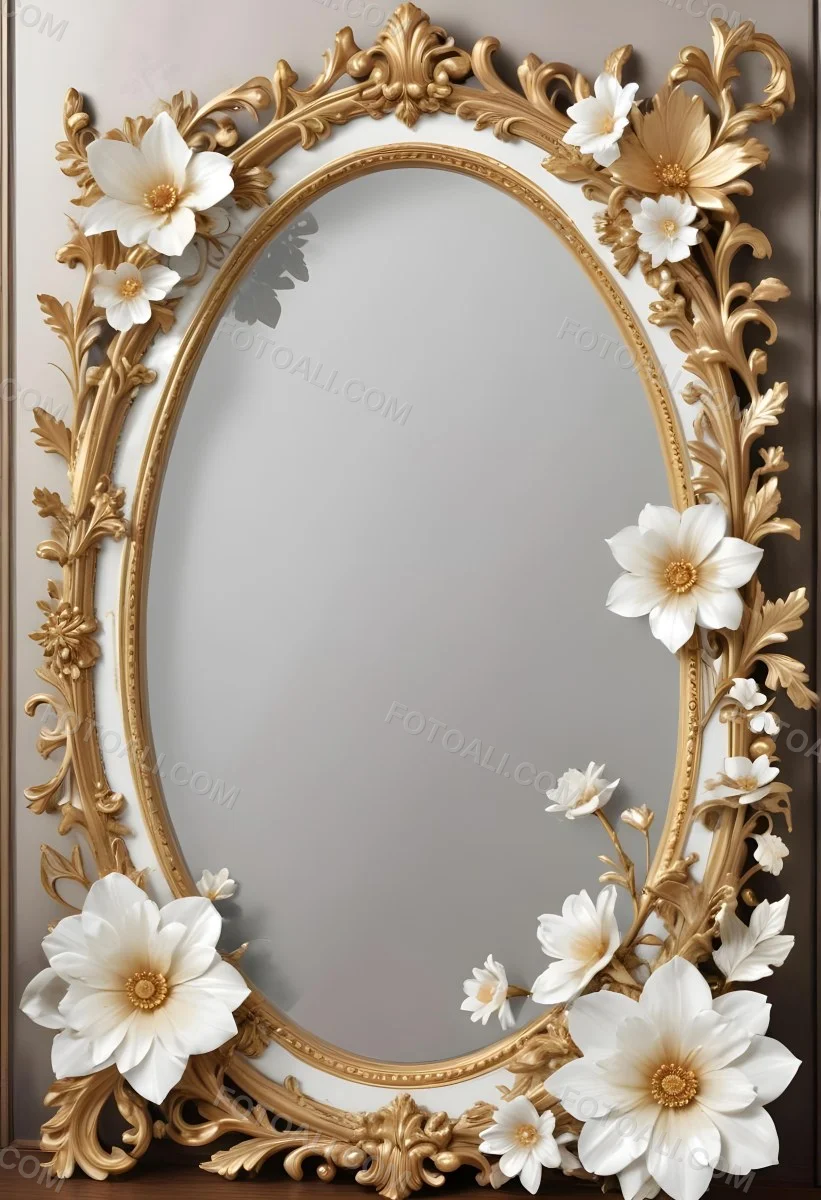 A Decorative Oval Mirror Frame With A Golden Ornate Design And White Flowers Around The Edges 21 D76f