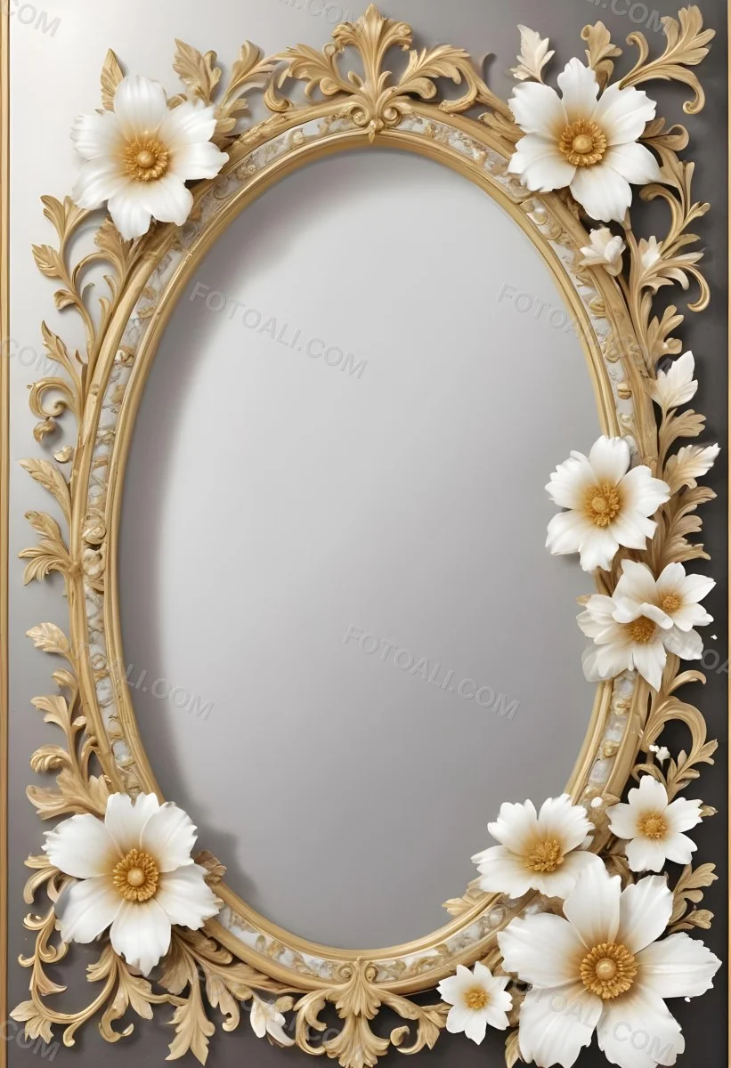 A Decorative Oval Mirror Frame With A Golden Ornate Design And White Flowers Around The Edges 24 50f8