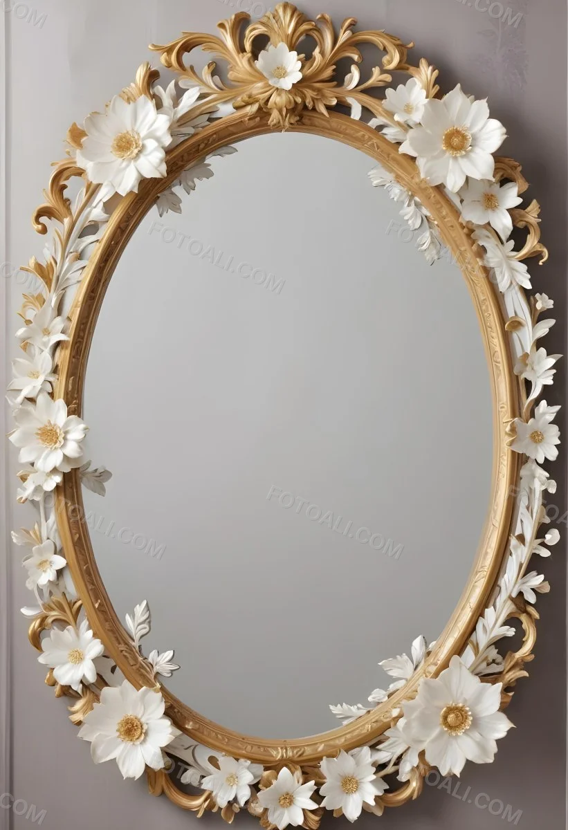 A Decorative Oval Mirror Frame With A Golden Ornate Design And White Flowers Around The Edges 3 F95c