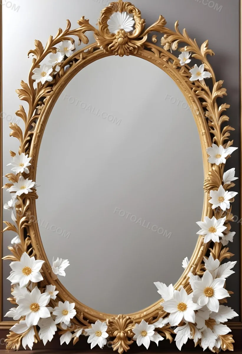 A Decorative Oval Mirror Frame With A Golden Ornate Design And White Flowers Around The Edges 5 5789