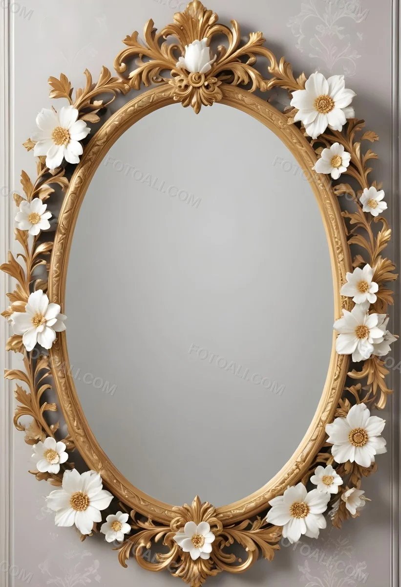 A Decorative Oval Mirror Frame With A Golden Ornate Design And White Flowers Around The Edges 6 0c92