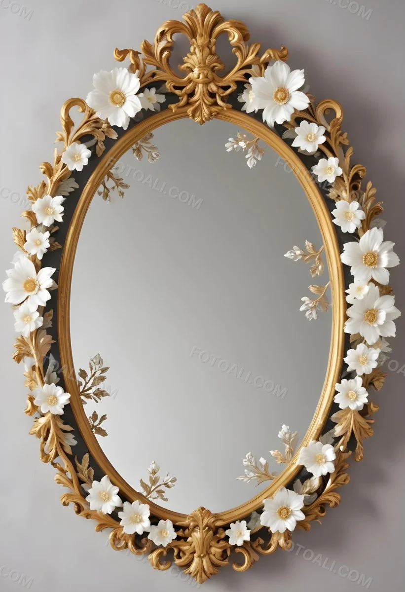 A Decorative Oval Mirror Frame With A Golden Ornate Design And White Flowers Around The Edges 7 Ea39