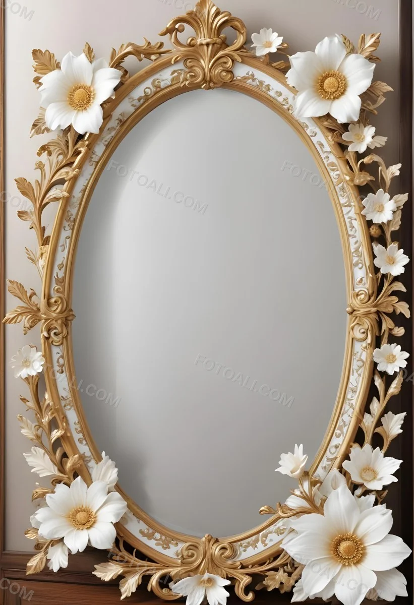 A Decorative Oval Mirror Frame With A Golden Ornate Design And White Flowers Around The Edges 8 9e8c