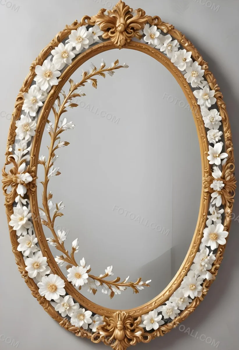 A Decorative Oval Mirror Frame With A Golden Ornate Design And White Flowers Around The Edges 9 56cc