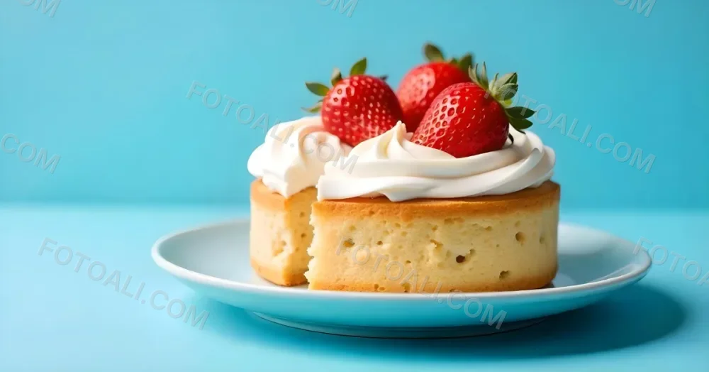 A Delicious Cake With Cream And Strawberries On Top On A Blue Plate With A Blue Background 1 9706