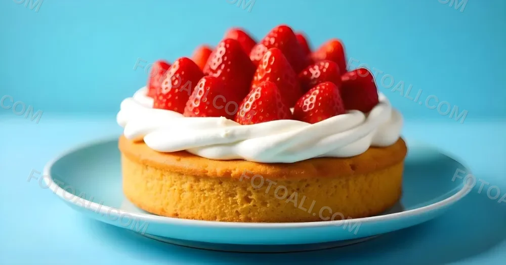 A Delicious Cake With Cream And Strawberries On Top On A Blue Plate With A Blue Background 10 0e84