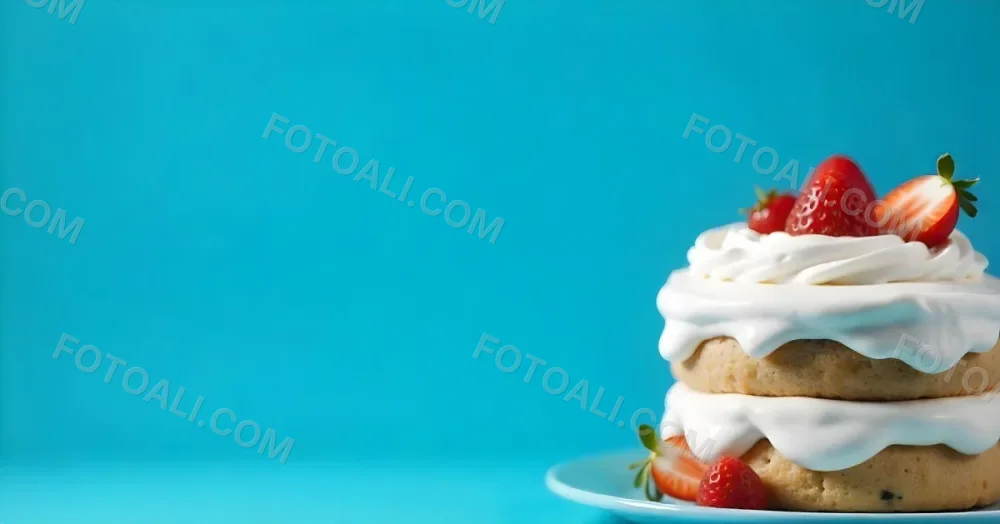 A Delicious Cake With Cream And Strawberries On Top On A Blue Plate With A Blue Background 18 D54c