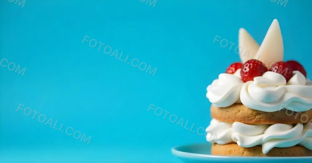 A Delicious Cake With Cream And Strawberries On Top On A Blue Plate With A Blue Background 21 C4d9