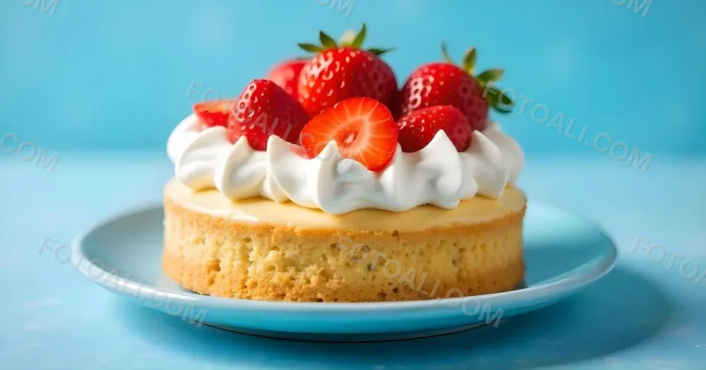 A Delicious Cake With Cream And Strawberries On Top On A Blue Plate With A Blue Background 22 848b