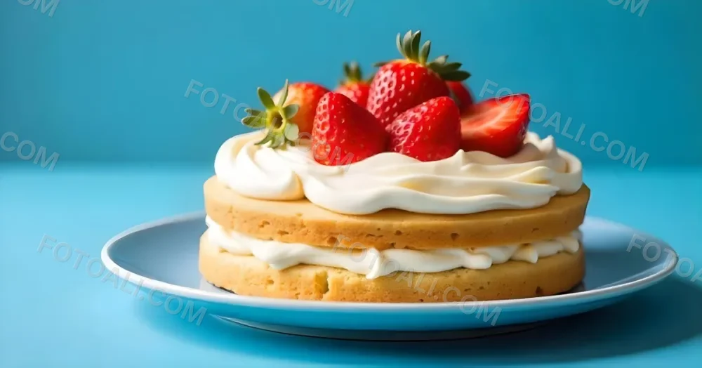 A Delicious Cake With Cream And Strawberries On Top On A Blue Plate With A Blue Background 23 F2a2