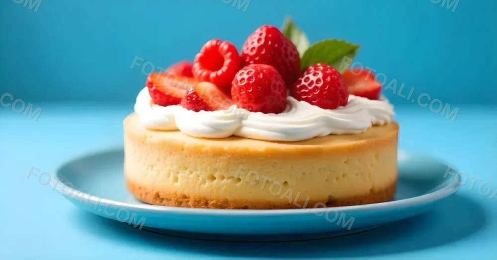 A Delicious Cake With Cream And Strawberries On Top On A Blue Plate With A Blue Background 3 79f2