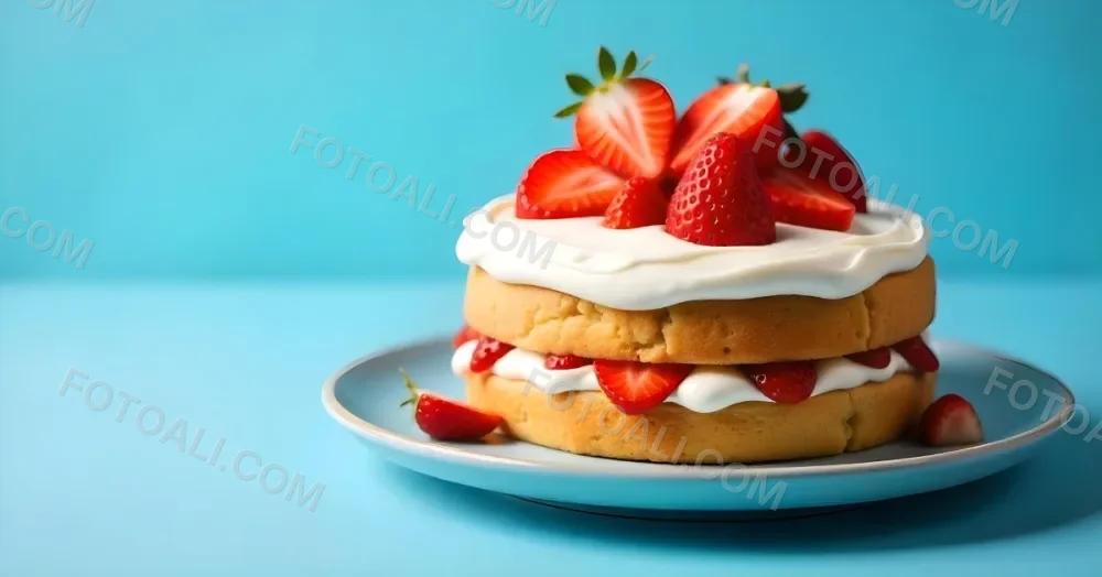 A Delicious Cake With Cream And Strawberries On Top On A Blue Plate With A Blue Background 4 60ab
