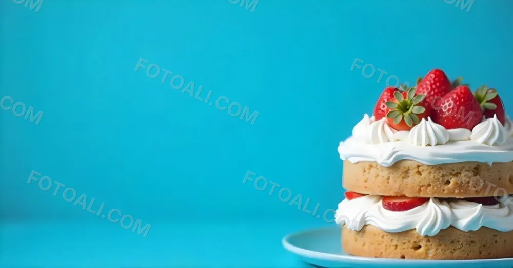 A Delicious Cake With Cream And Strawberries On Top On A Blue Plate With A Blue Background 5 23a0