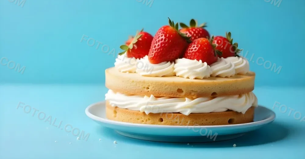 A Delicious Cake With Cream And Strawberries On Top On A Blue Plate With A Blue Background 7 5ee6