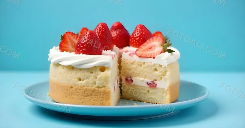 A Delicious Cake With Cream And Strawberries On Top On A Blue Plate With A Blue Background 8 F502