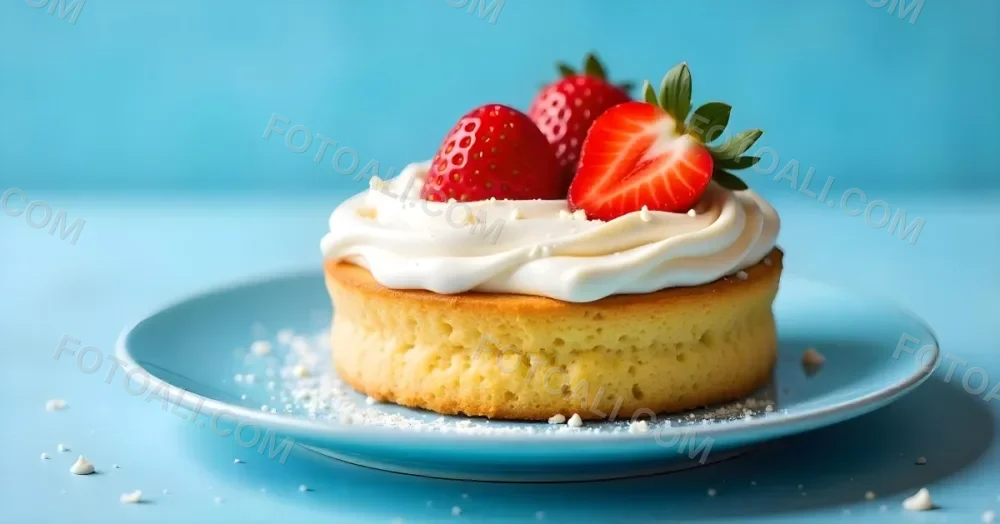 A Delicious Cake With Cream And Strawberries On Top On A Blue Plate With A Blue Background 9 6e8f