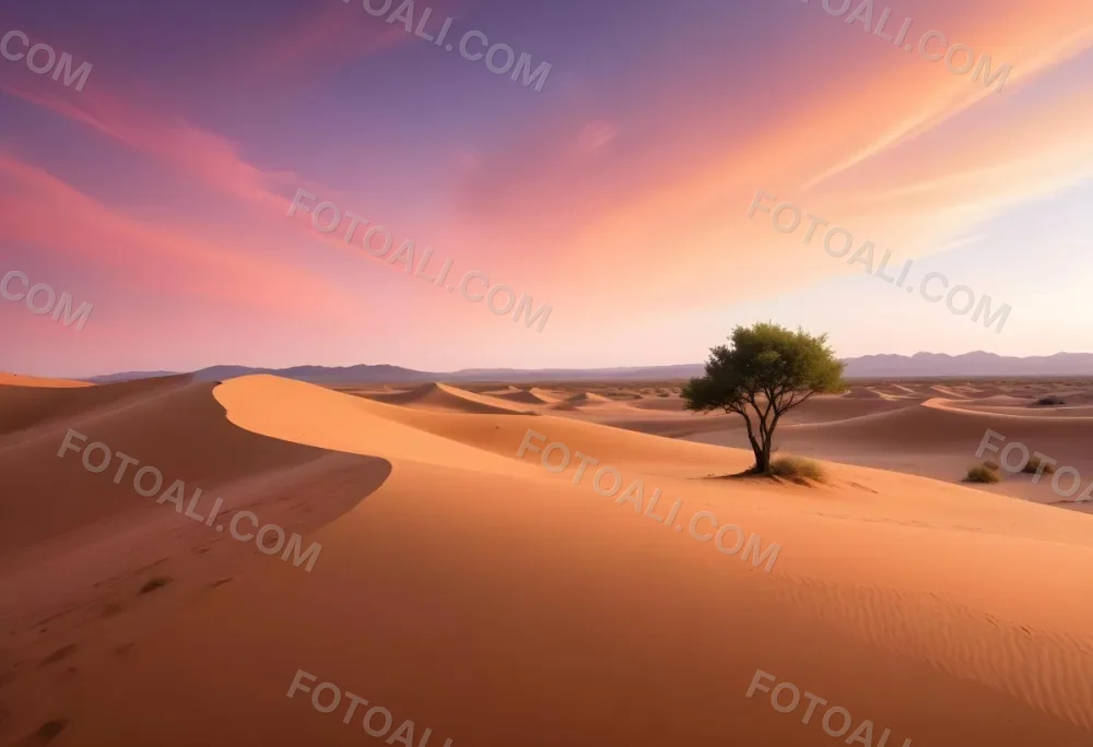 A Desert Landscape With Rolling Sand Dunes A Single Green Tree Standing In The Distance And A Colorful Sky With Shades Of Orange Pink And Purple 10 A3ac