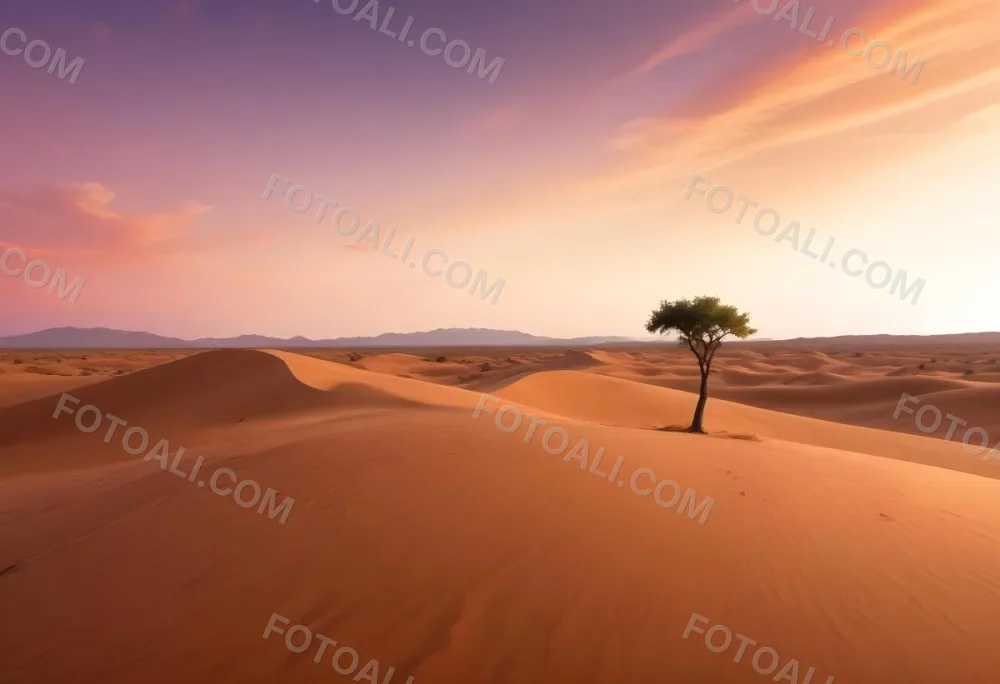 A Desert Landscape With Rolling Sand Dunes A Single Green Tree Standing In The Distance And A Colorful Sky With Shades Of Orange Pink And Purple 14 792a
