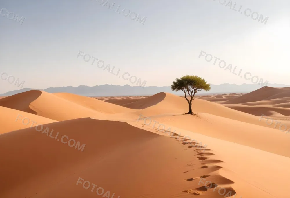 A Desert Landscape With Rolling Sand Dunes A Single Green Tree Standing In The Distance And A Colorful Sky With Shades Of Orange Pink And Purple 19 02a9