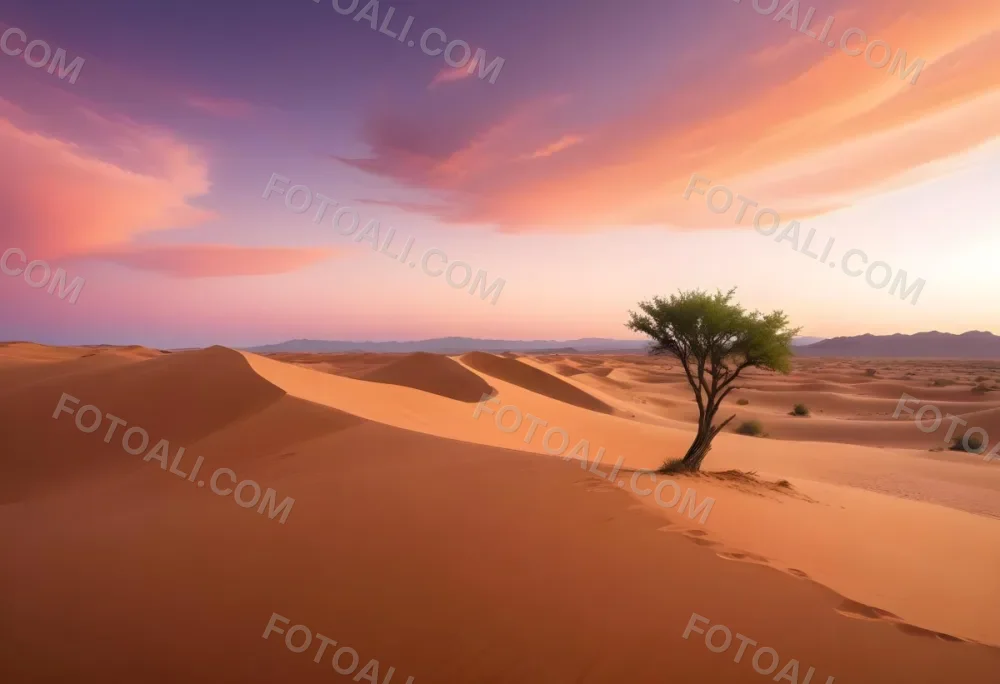 A Desert Landscape With Rolling Sand Dunes A Single Green Tree Standing In The Distance And A Colorful Sky With Shades Of Orange Pink And Purple 22 8823