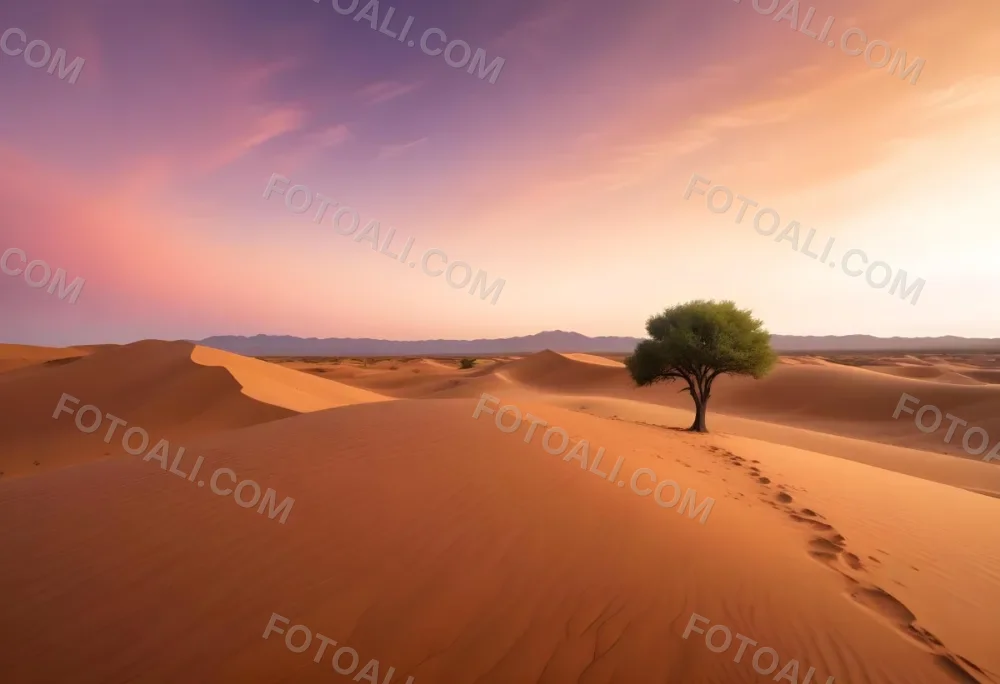 A Desert Landscape With Rolling Sand Dunes A Single Green Tree Standing In The Distance And A Colorful Sky With Shades Of Orange Pink And Purple 28 D114