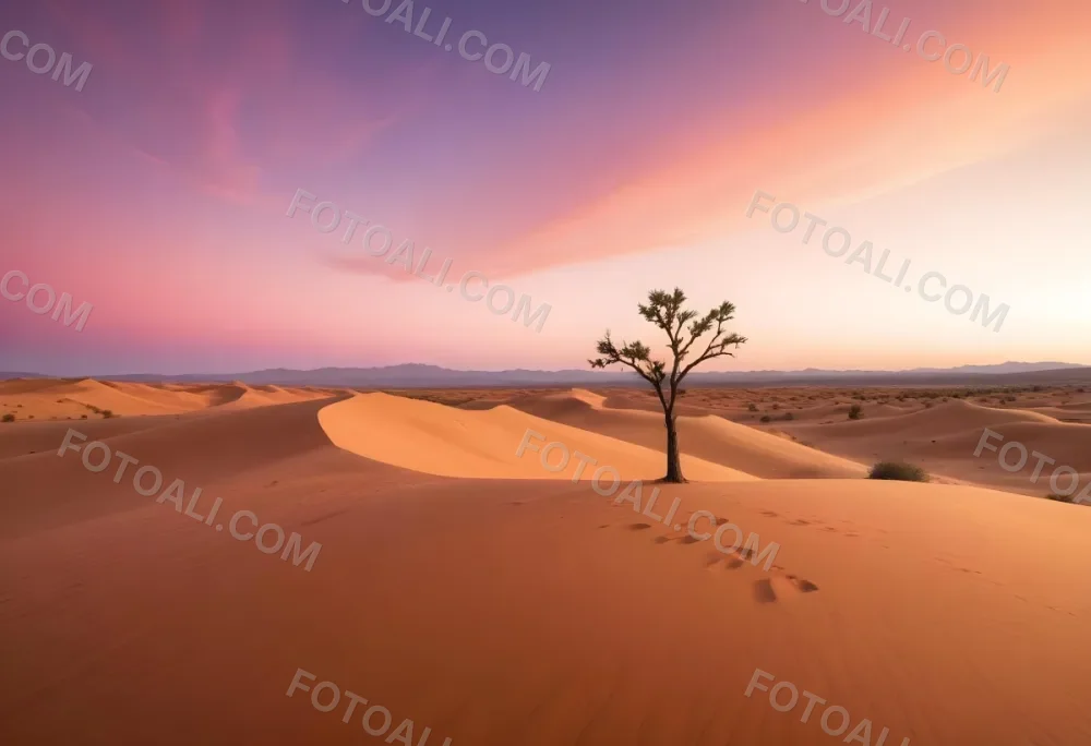 A Desert Landscape With Rolling Sand Dunes A Single Green Tree Standing In The Distance And A Colorful Sky With Shades Of Orange Pink And Purple 34 F45a