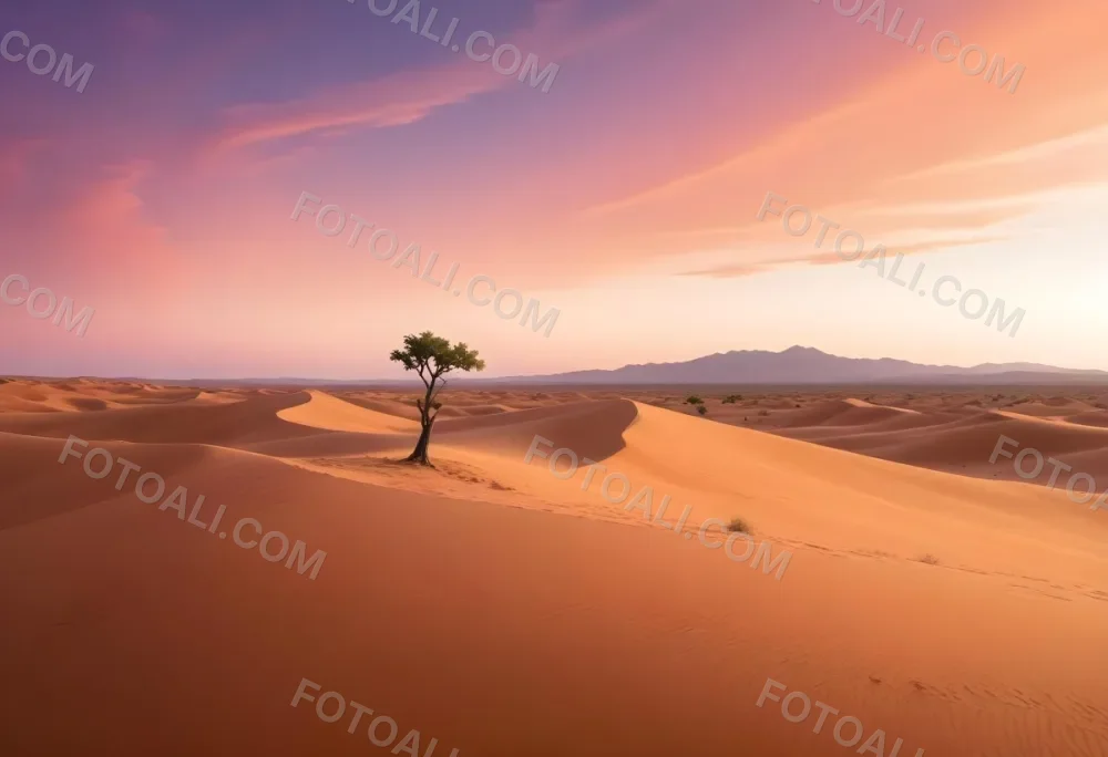 A Desert Landscape With Rolling Sand Dunes A Single Green Tree Standing In The Distance And A Colorful Sky With Shades Of Orange Pink And Purple 36 661b