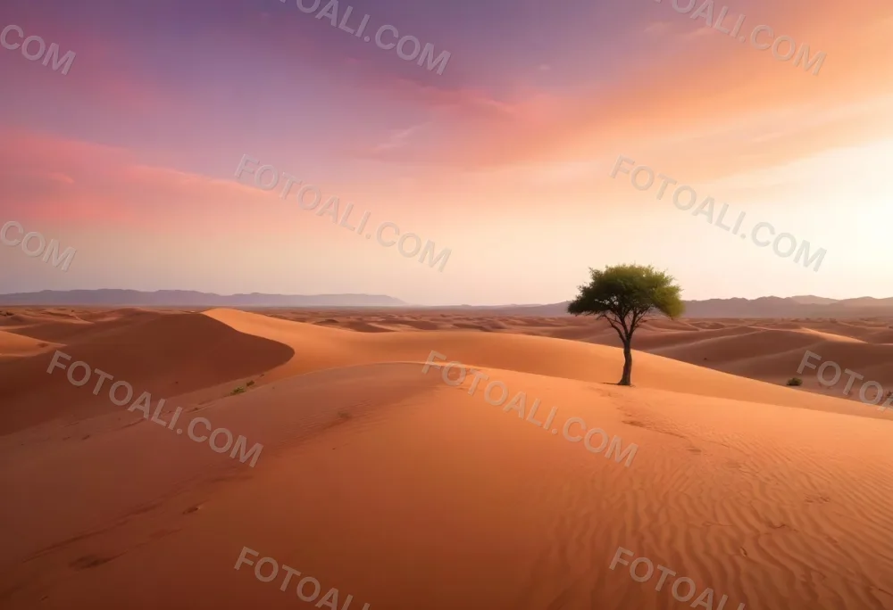A Desert Landscape With Rolling Sand Dunes A Single Green Tree Standing In The Distance And A Colorful Sky With Shades Of Orange Pink And Purple 4 Fcb0