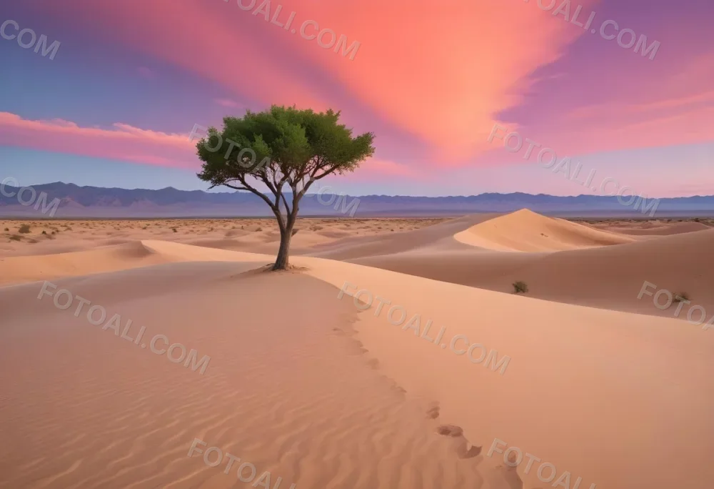 A Desert Landscape With Rolling Sand Dunes A Single Green Tree Standing In The Distance And A Colorful Sky With Shades Of Orange Pink And Purple 45 B4e2