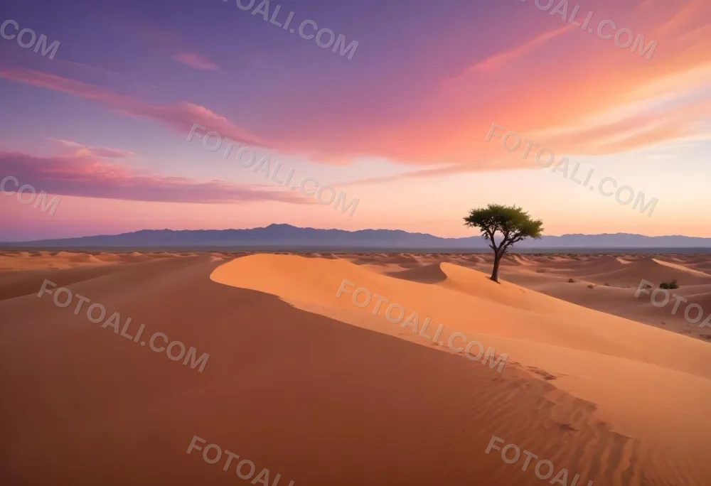 A Desert Landscape With Rolling Sand Dunes A Single Green Tree Standing In The Distance And A Colorful Sky With Shades Of Orange Pink And Purple 49 046e