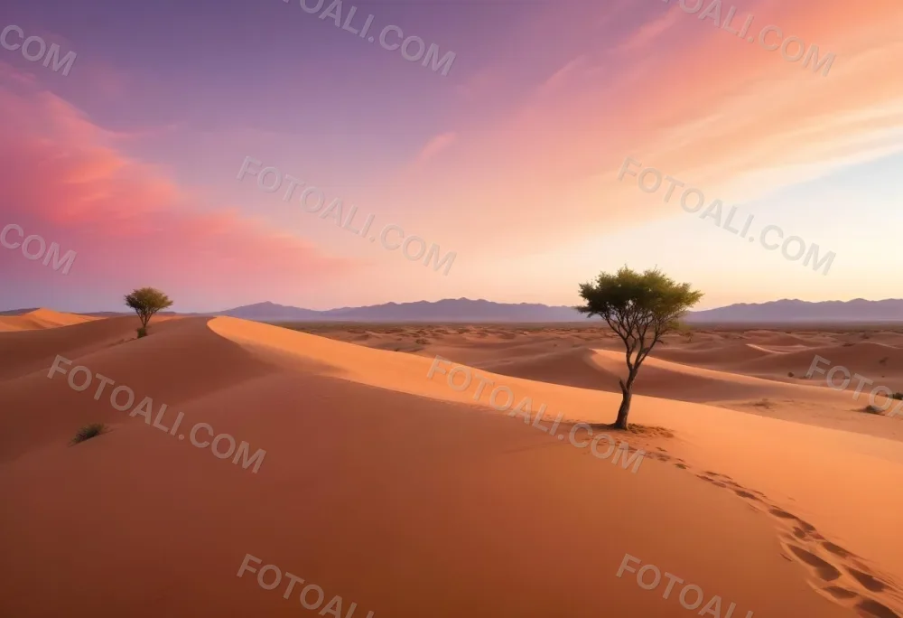 A Desert Landscape With Rolling Sand Dunes A Single Green Tree Standing In The Distance And A Colorful Sky With Shades Of Orange Pink And Purple 56 A2a7