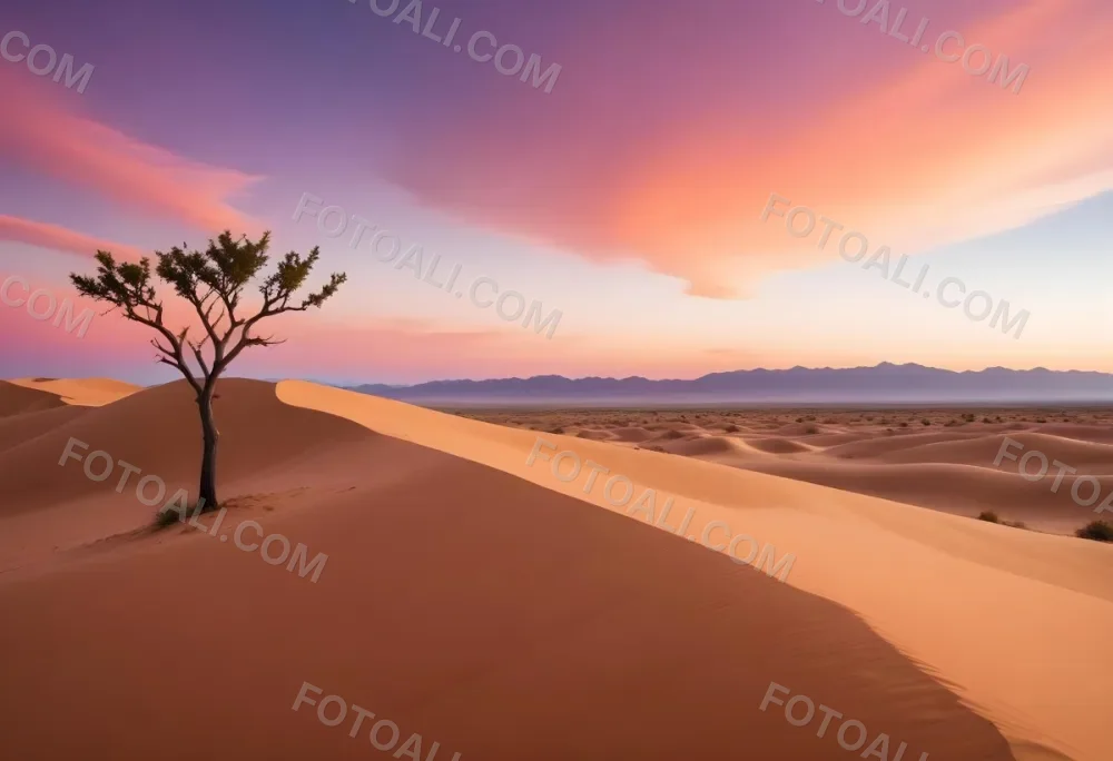 A Desert Landscape With Rolling Sand Dunes A Single Green Tree Standing In The Distance And A Colorful Sky With Shades Of Orange Pink And Purple 58 3025