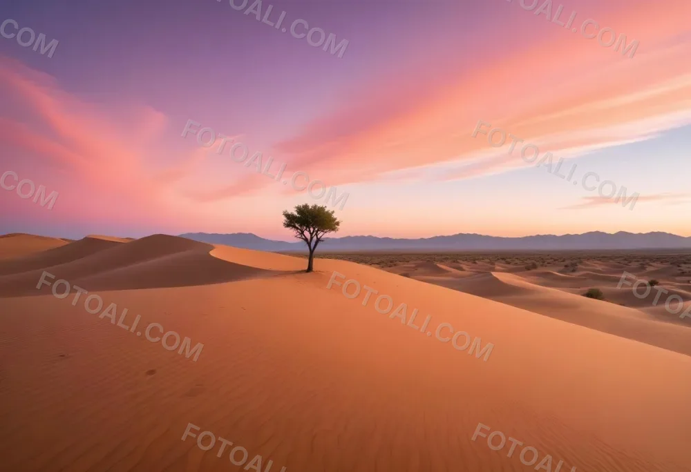 A Desert Landscape With Rolling Sand Dunes A Single Green Tree Standing In The Distance And A Colorful Sky With Shades Of Orange Pink And Purple 59 3019
