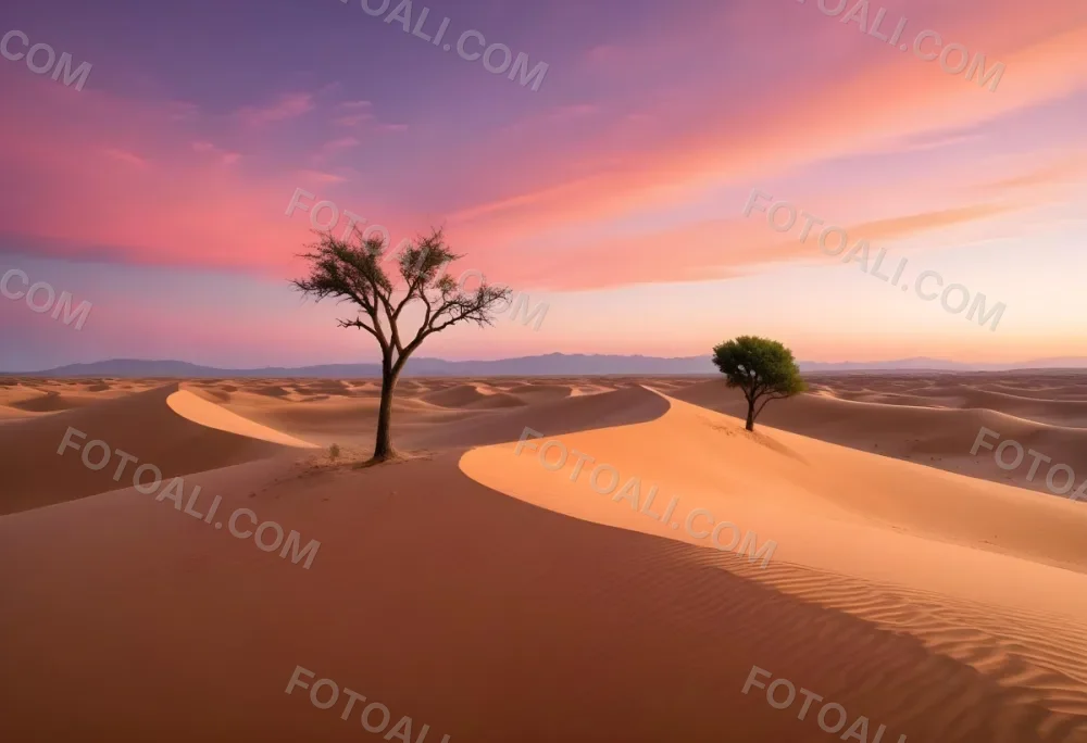 A Desert Landscape With Rolling Sand Dunes A Single Green Tree Standing In The Distance And A Colorful Sky With Shades Of Orange Pink And Purple 6 7b45