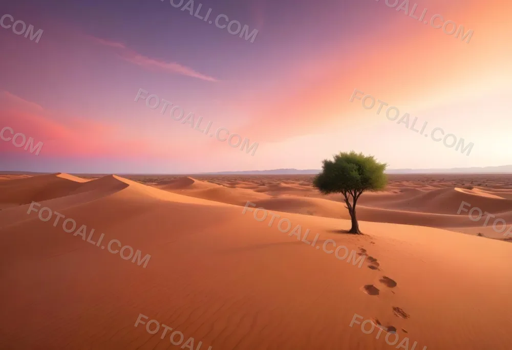 A Desert Landscape With Rolling Sand Dunes A Single Green Tree Standing In The Distance And A Colorful Sky With Shades Of Orange Pink And Purple 60 7268