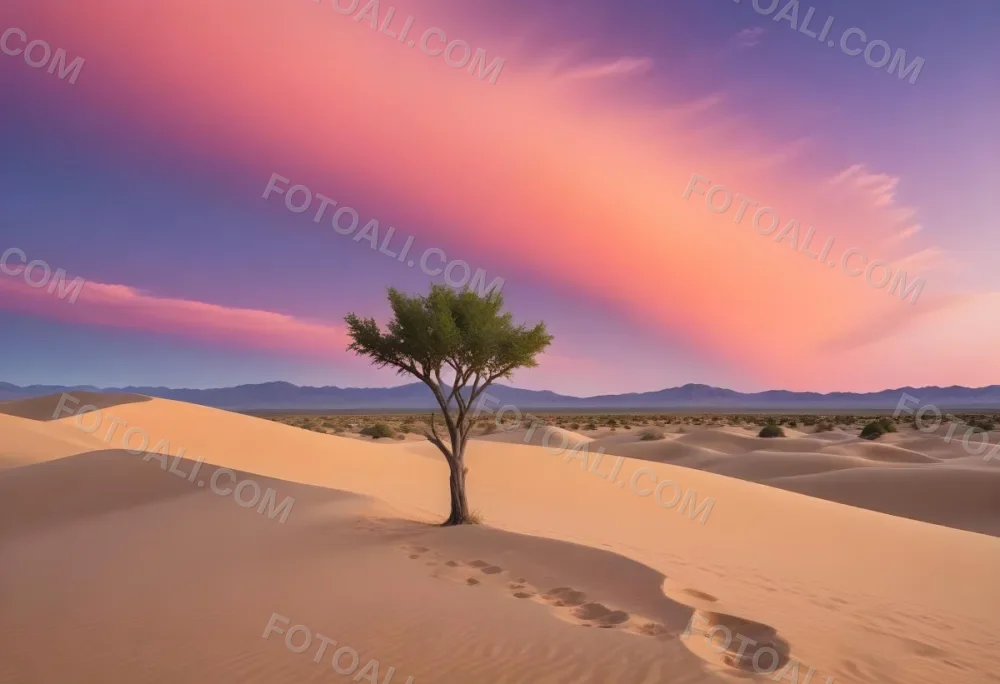 A Desert Landscape With Rolling Sand Dunes A Single Green Tree Standing In The Distance And A Colorful Sky With Shades Of Orange Pink And Purple 61 C123
