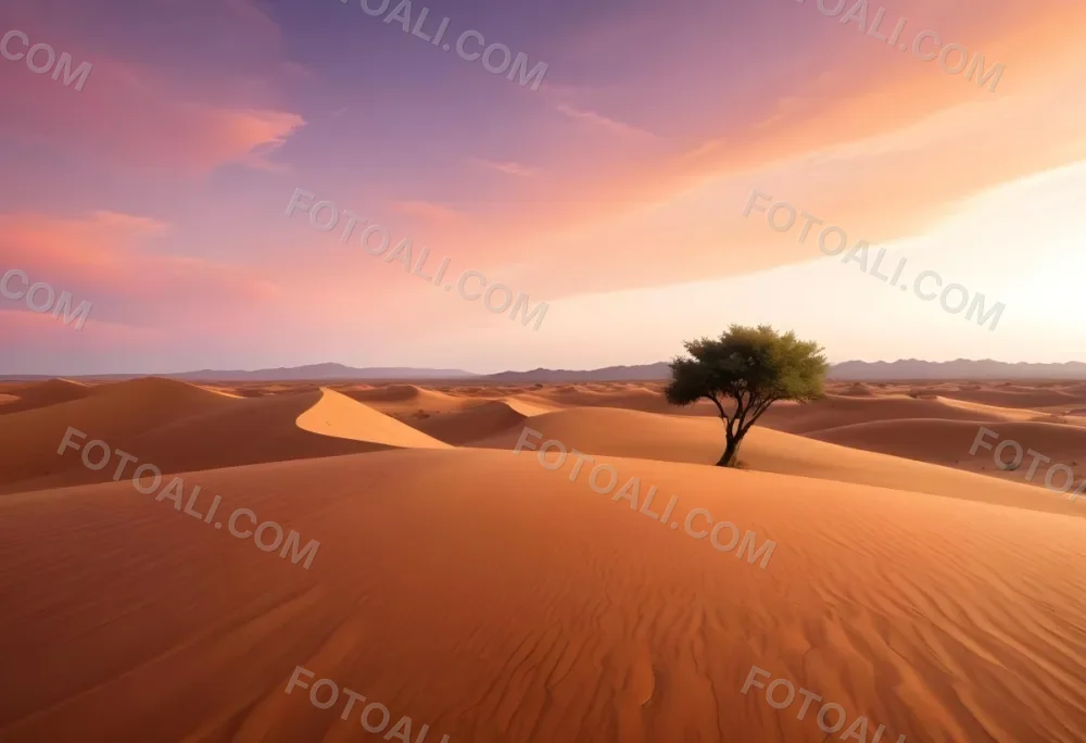 A Desert Landscape With Rolling Sand Dunes A Single Green Tree Standing In The Distance And A Colorful Sky With Shades Of Orange Pink And Purple 62 3780